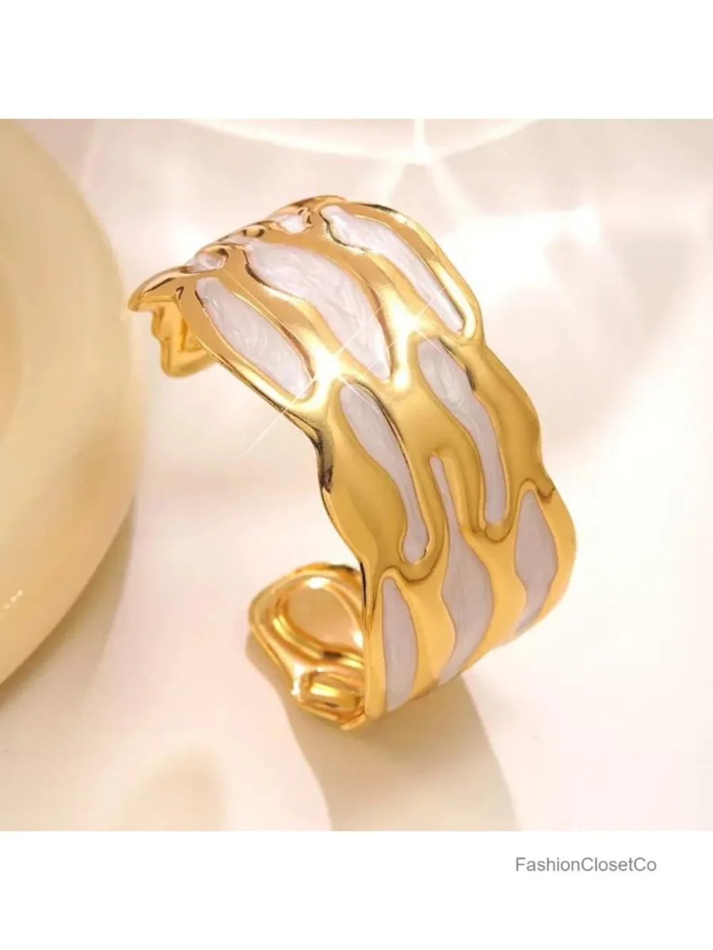 18K Gold Plated White Enamel Cuff Bracelet for Women